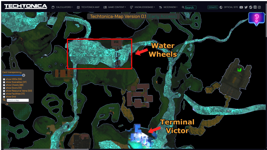 Water wheel location is north of Terminal Victor