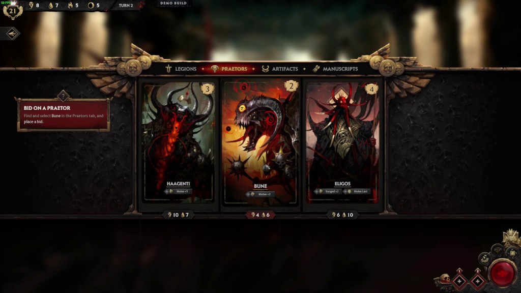 Praetors can be attached to legions to add bonuses to their stats. Praetor Bune will add 3 melee damage as shown above.