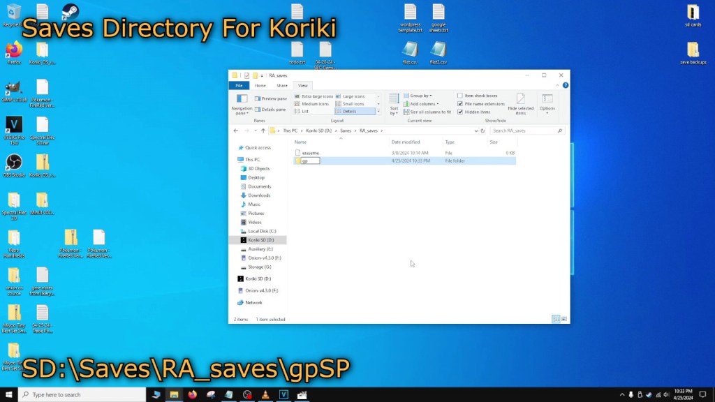 The saves directory for Koriki is SD:\Saves\RA_saves\gpSP.