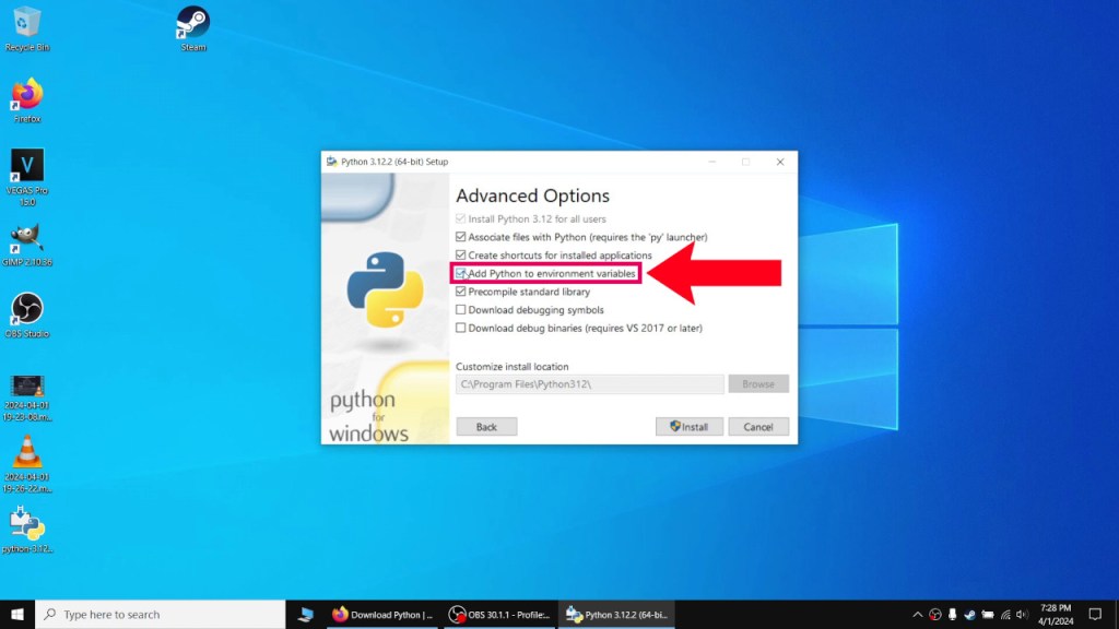 Make sure "Add Python to environment variables" is selected.