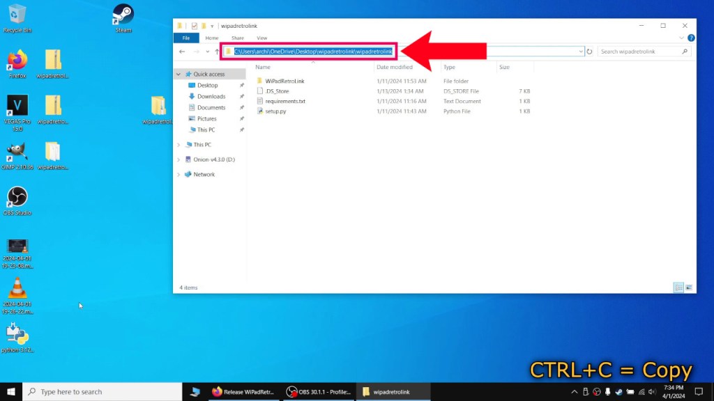 Copy the address of the folder with the "setup.py" file.