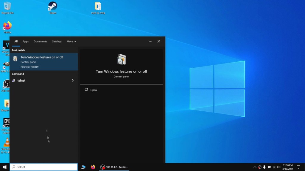 Type in telnet into the windows search bar to find the "Turn Windows features on or off" window.
