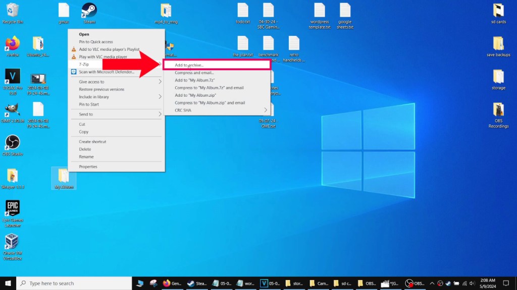 Right click on an album folder, select "7-Zip", and then click on "Add to archive...".