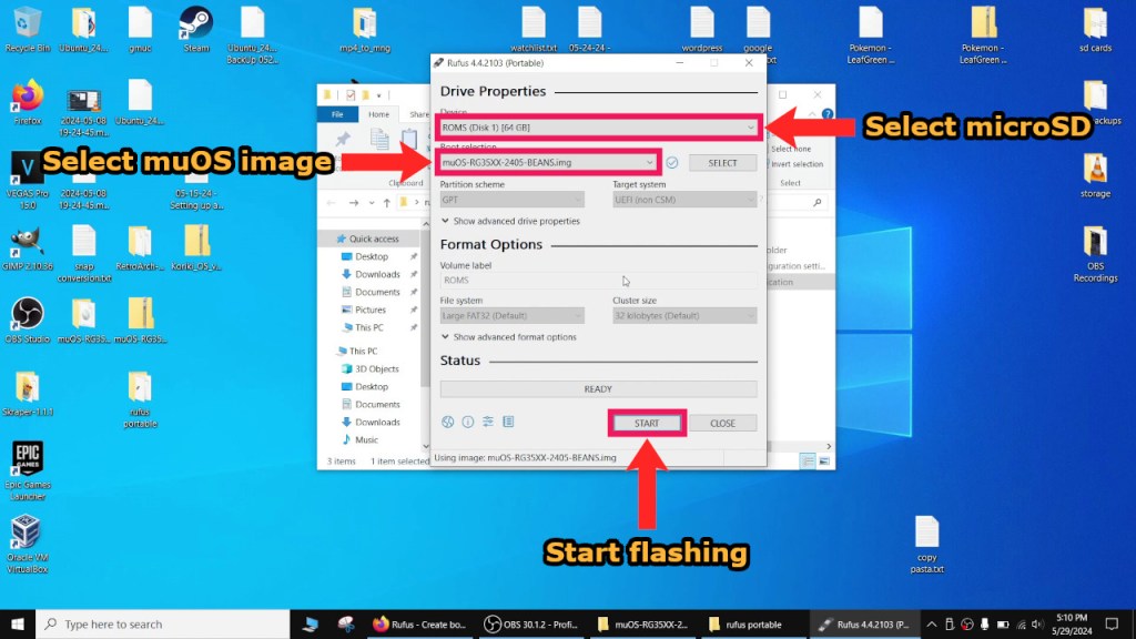 Select the microSD card under "Device", the muOS image under "Boot selection", and then press the Start button.