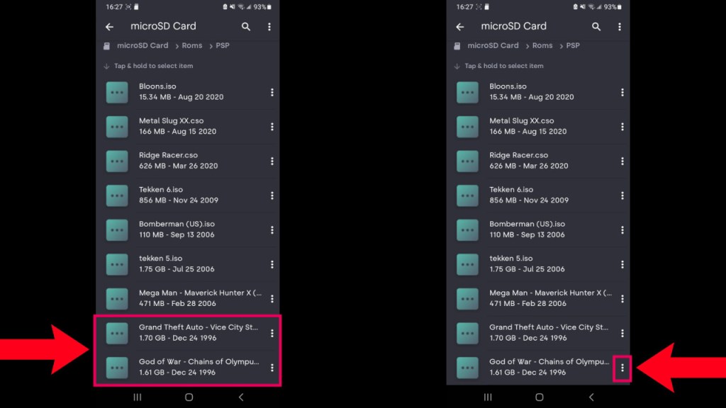 We'll be deleting God of War and GTA Vice City Stories. You can do this by clicking on the 3 dots on the right hand side to bring up the menu.