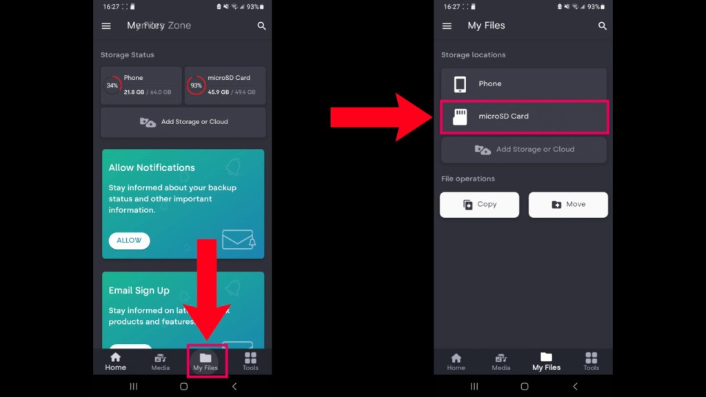 Click on "My Files" and then "microSD Card" to access the microSD card.