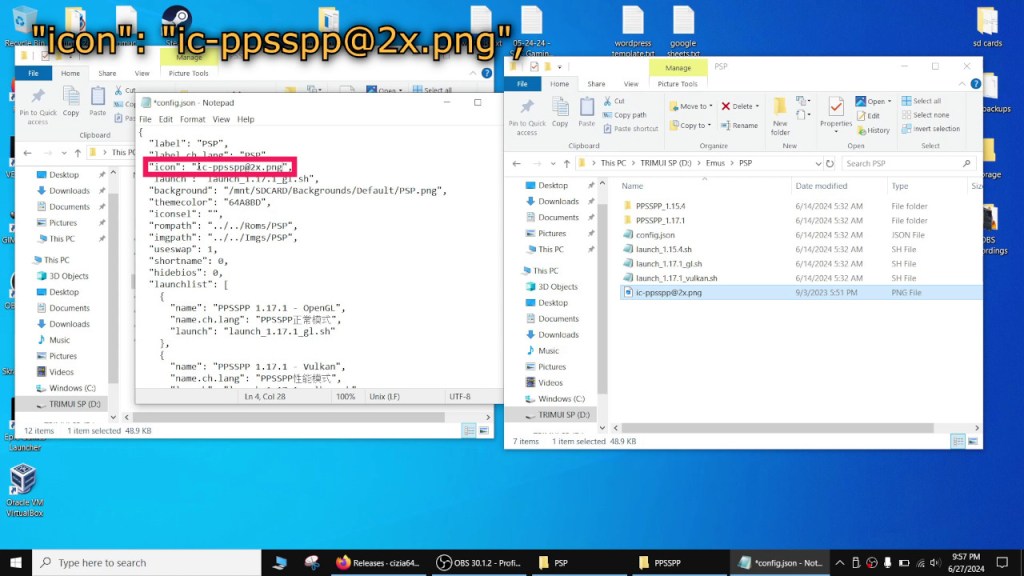 Change the icon to point to our icon image. The line should look like this: "icon": "ic-ppsspp@2x.png",