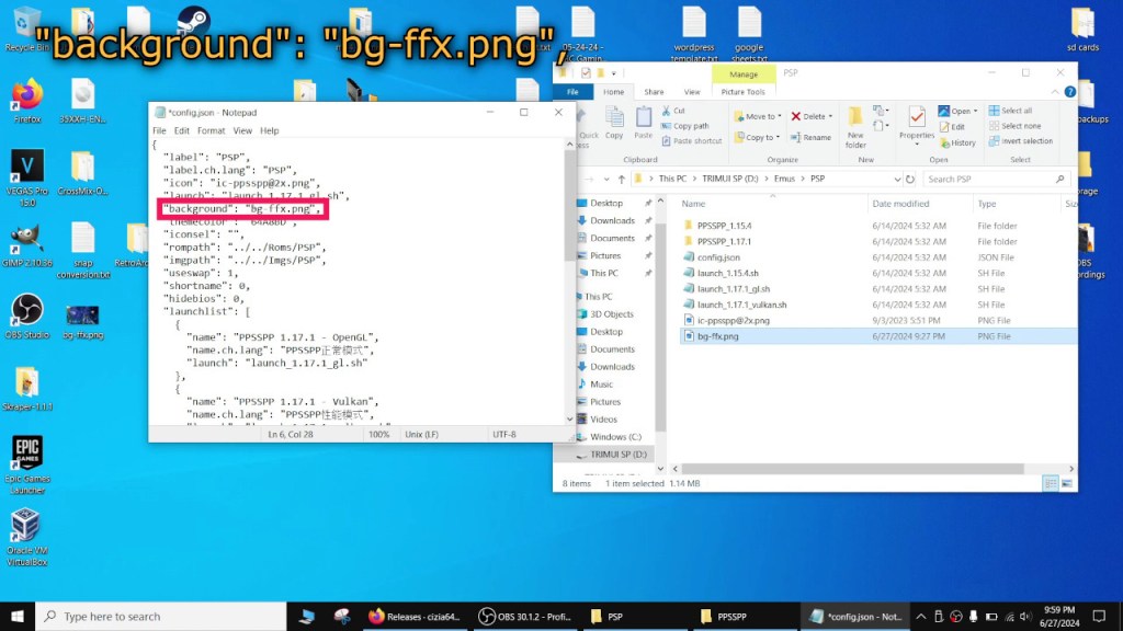 We also need to point the config file to our background image. I made one from Final Fantasy X. The line should look like this: "background": "bg-ffx.png",